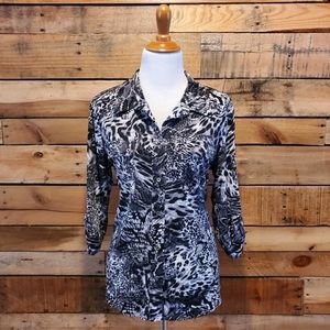 Ellen Tracey mixed animal print button down shirt in black & grey Size L